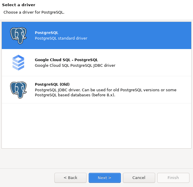 Triar el driver de PostgreSQL